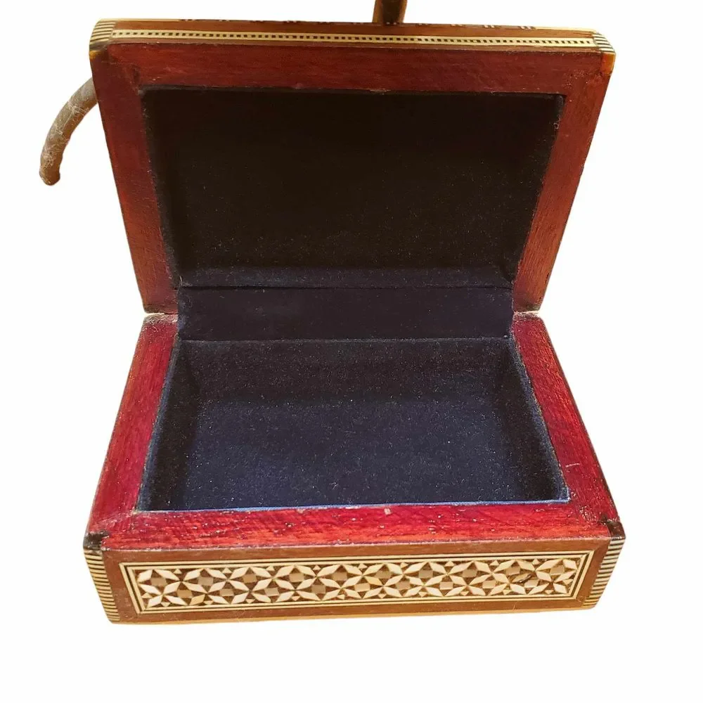 Vintage 1950s Handmade Pearl Bone Wood Inlaid Marquetry Jewelry Box